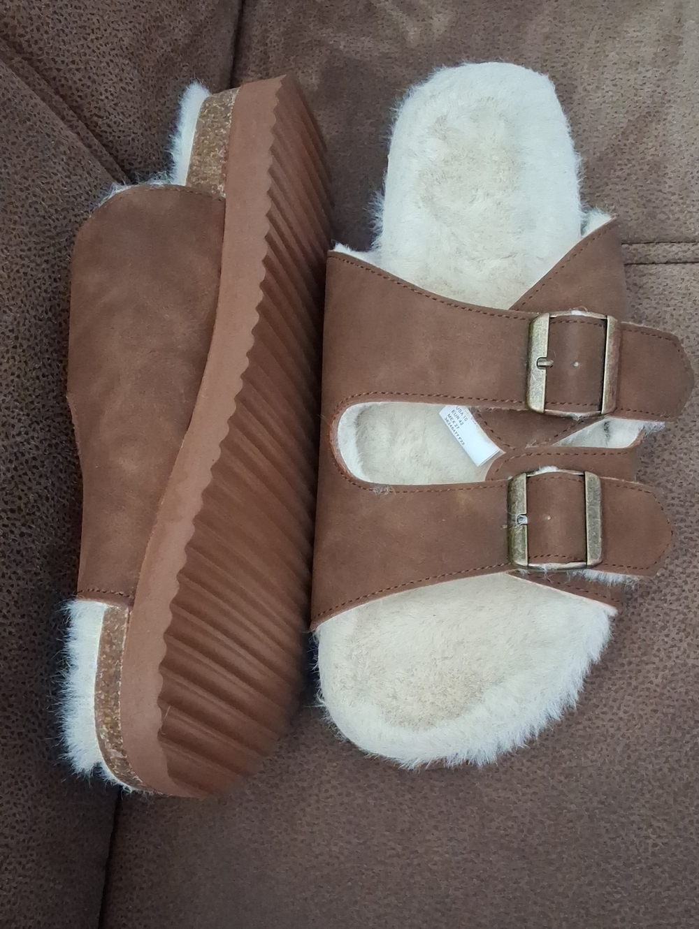 No Boundaries Faux-Fur Double Buckle Platform Slide Sandals - Brown Size 10